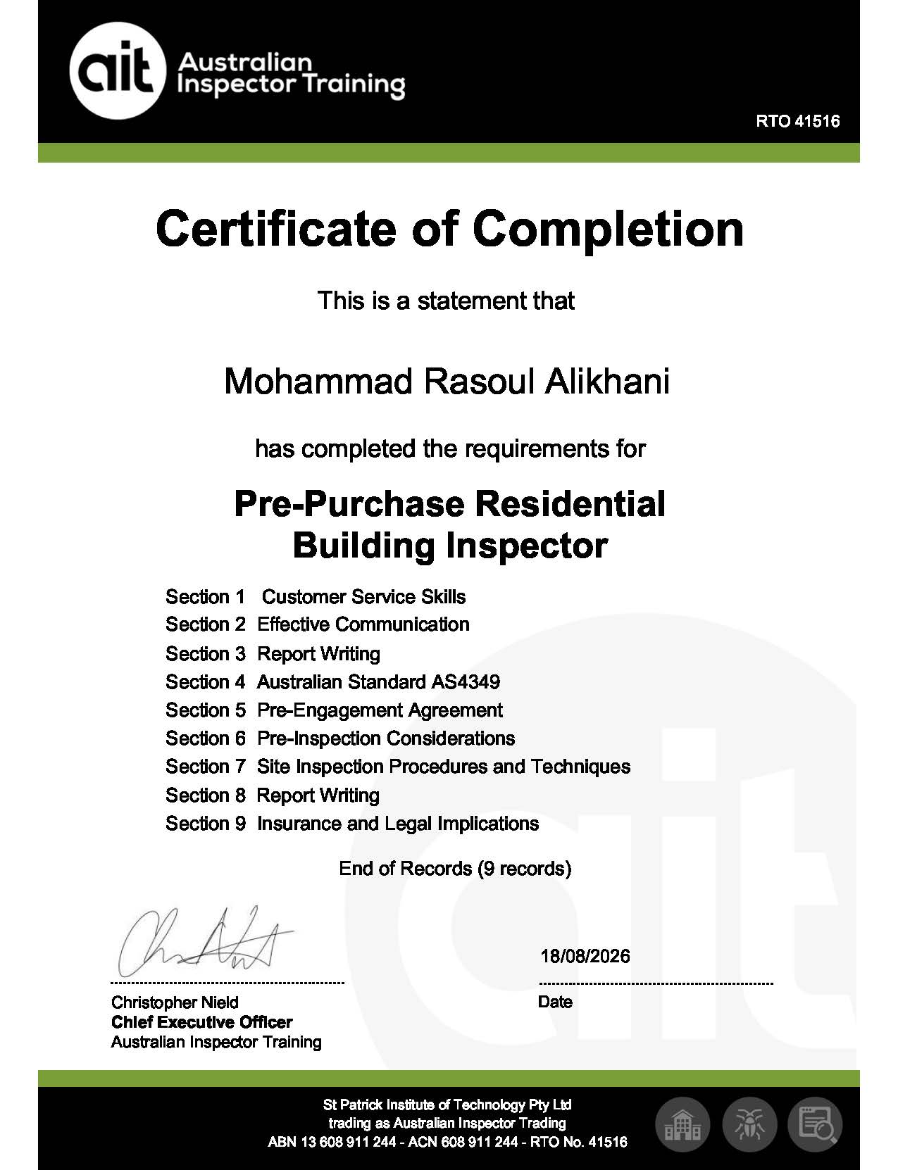 Official Pre-Purchase Residential Building Inspector Certificate